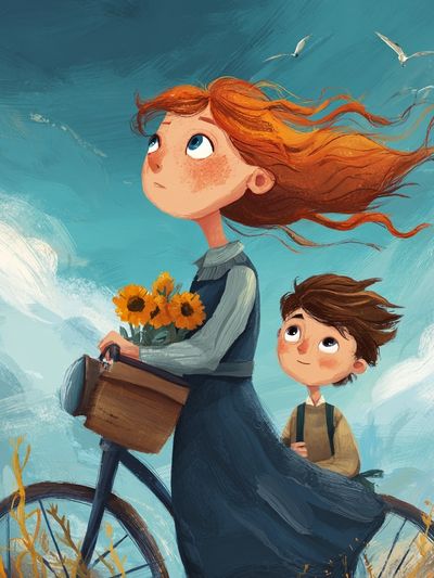 Children on Bicycle — Illustration Print. poster print