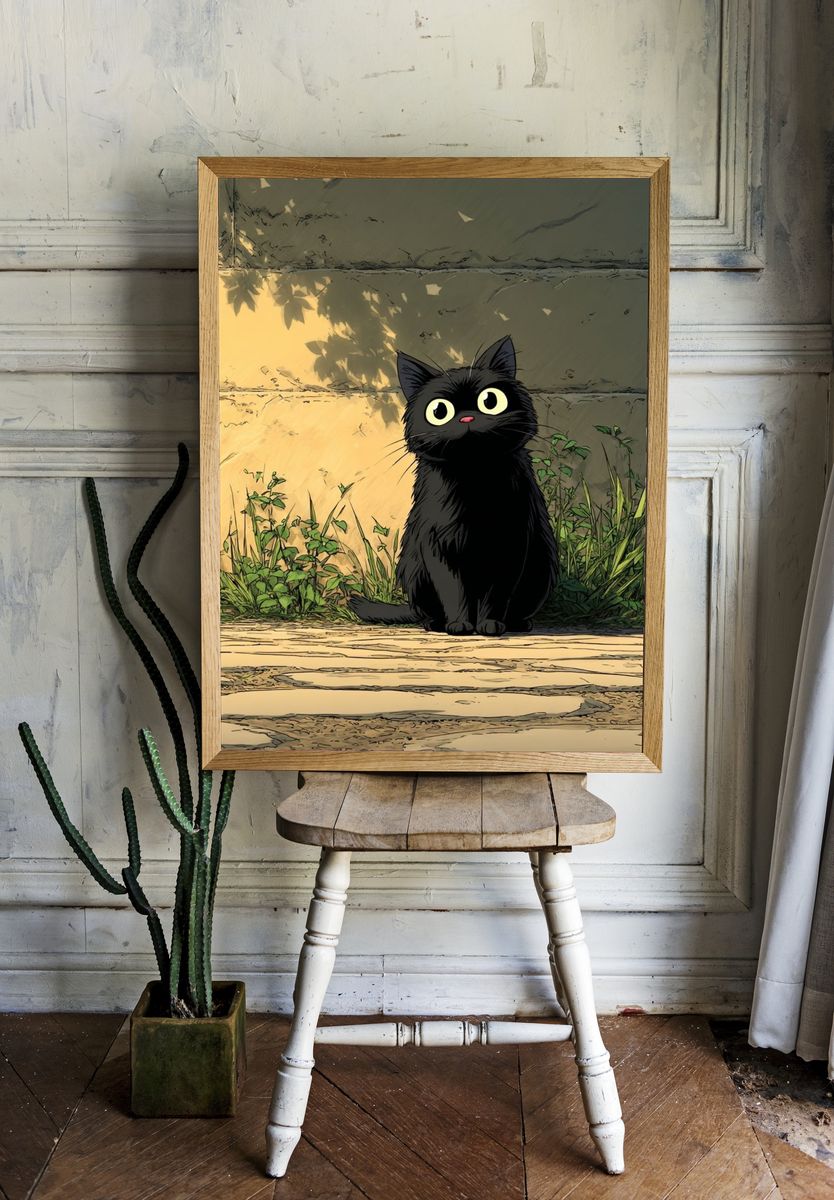 Curious Black Cat — Anime Print. — room view 1