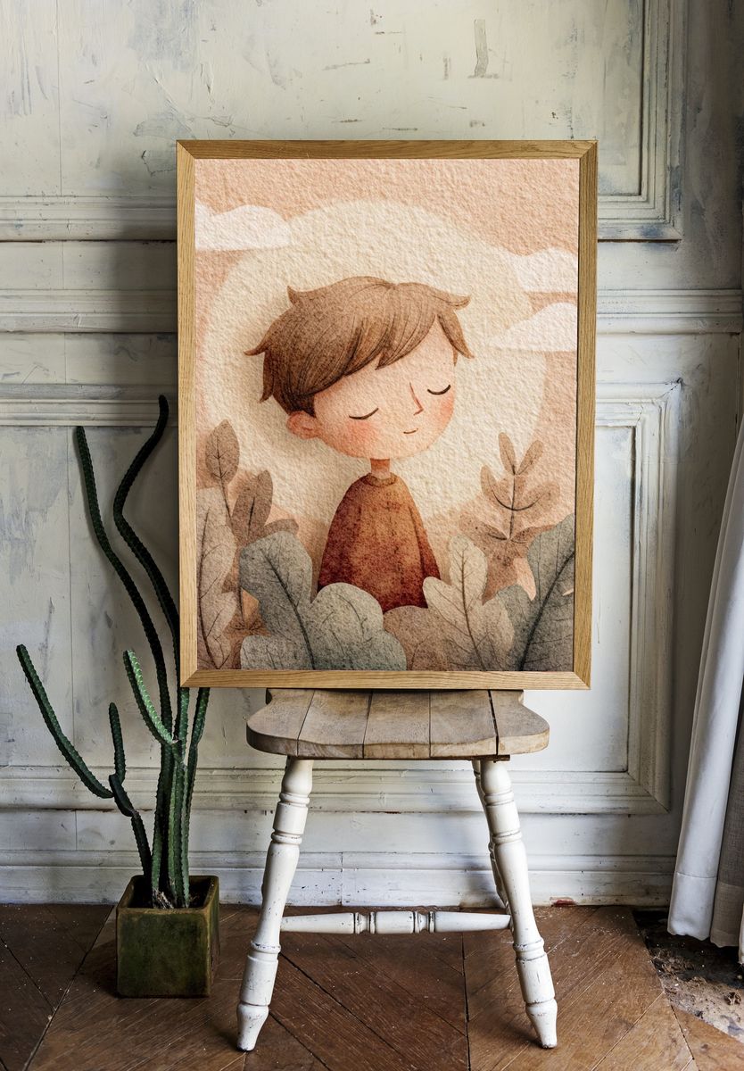 Dreamy Boy in Nature — Watercolor Print. — room view 1