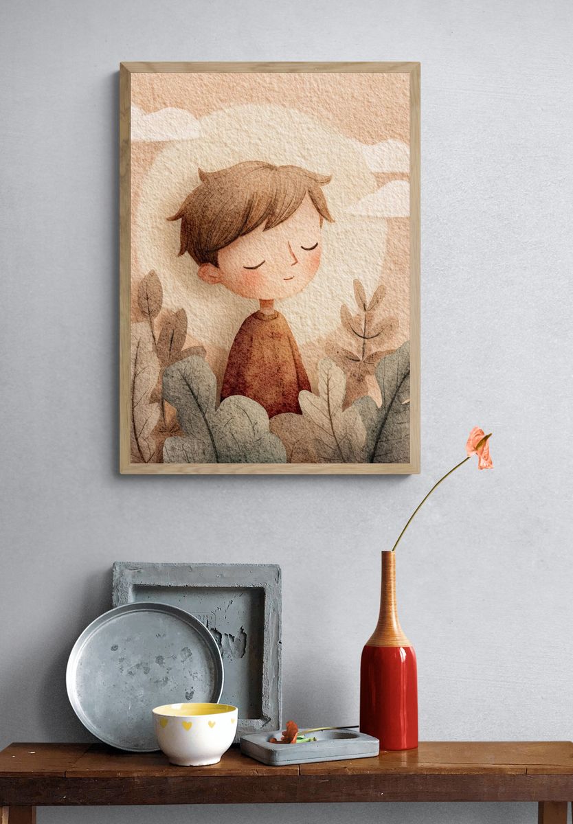 Dreamy Boy in Nature — Watercolor Print. — room view 3