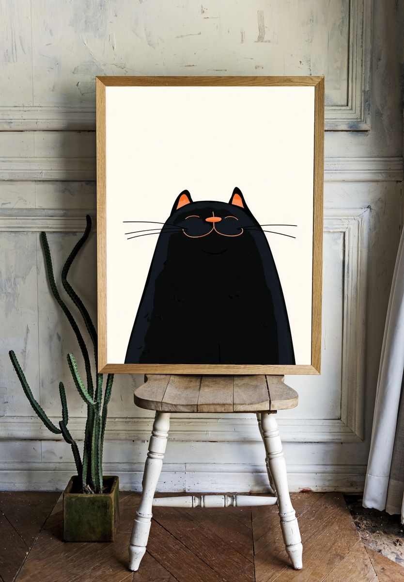 Happy Black Cat — Illustration Print. room preview