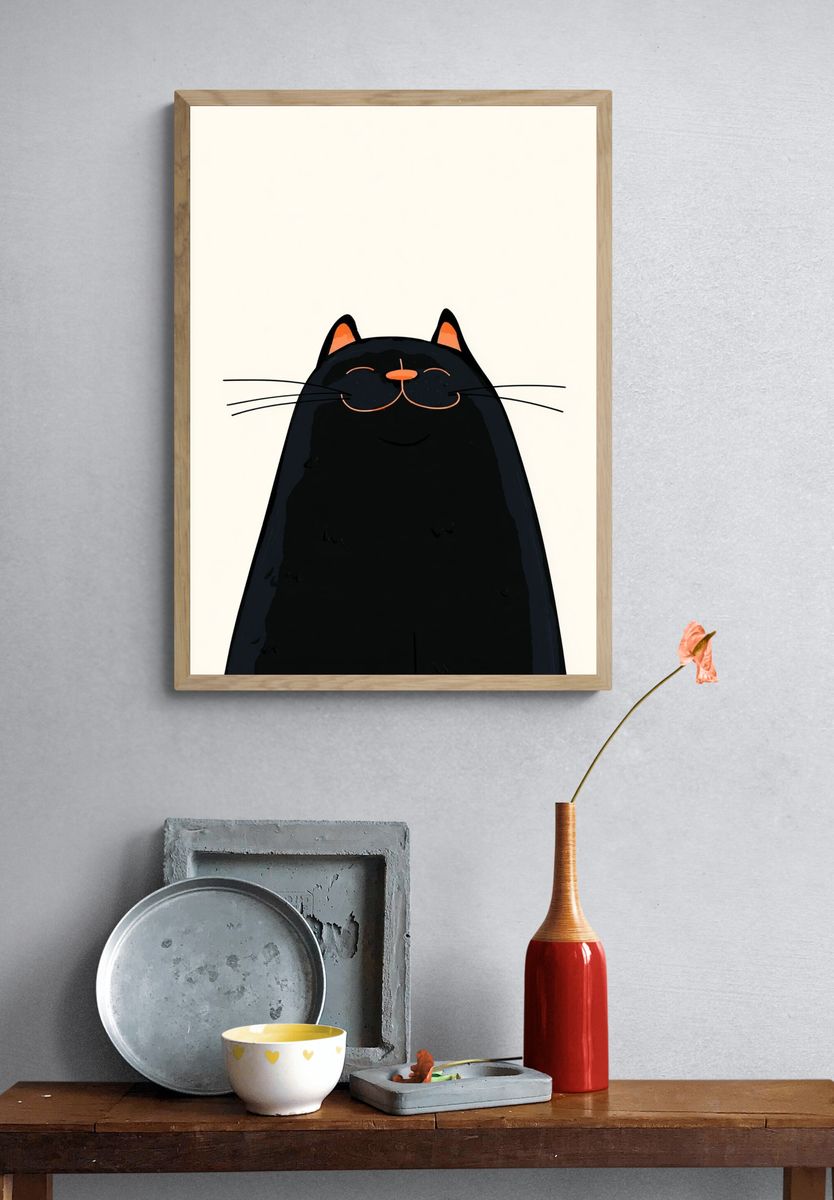 Happy Black Cat — Illustration Print. — room view 3