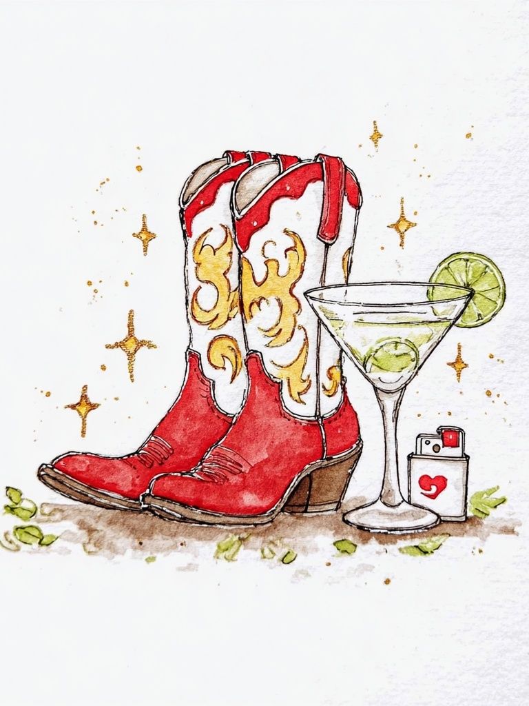 Red Cowboy Boots with Martini — Illustration Print. poster — illustration art