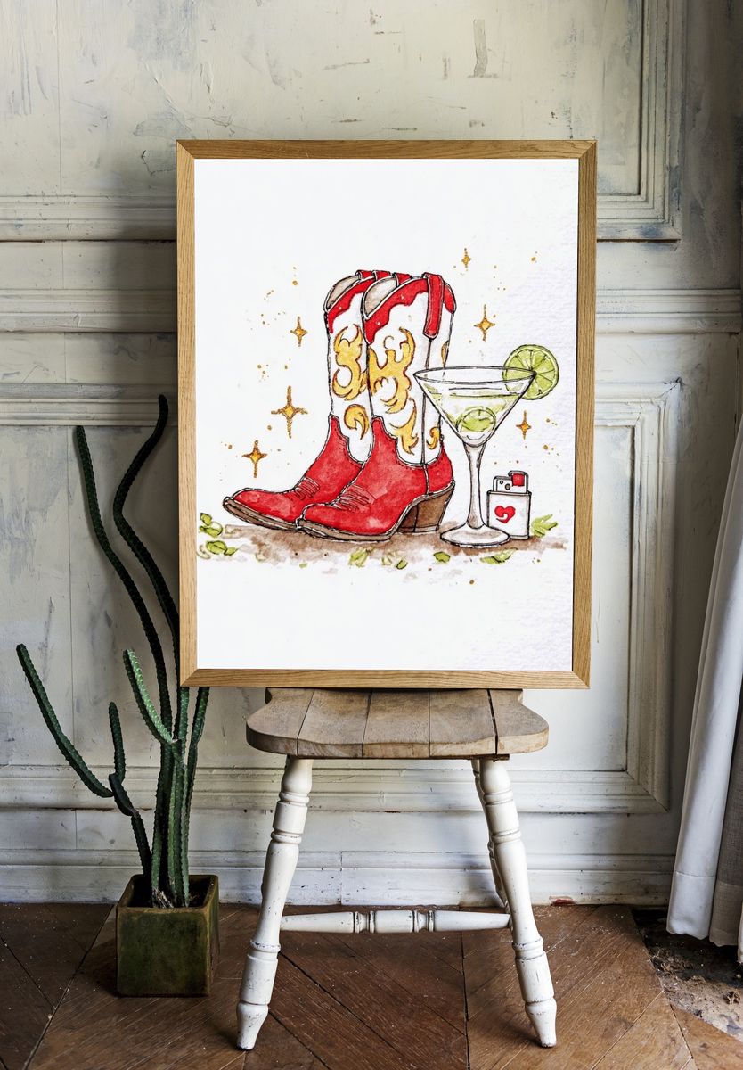 Red Cowboy Boots with Martini — Illustration Print room preview
