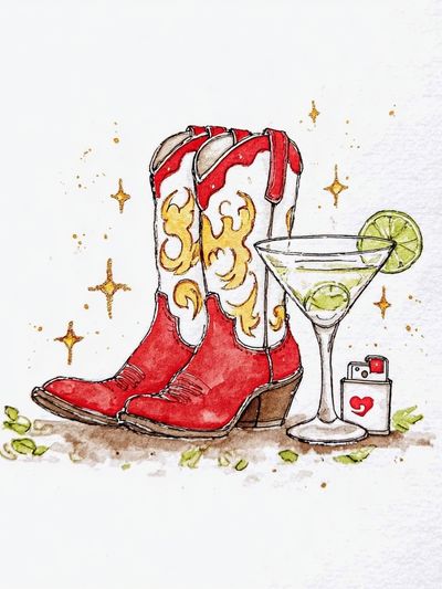 Red Cowboy Boots with Martini — Illustration Print. poster print