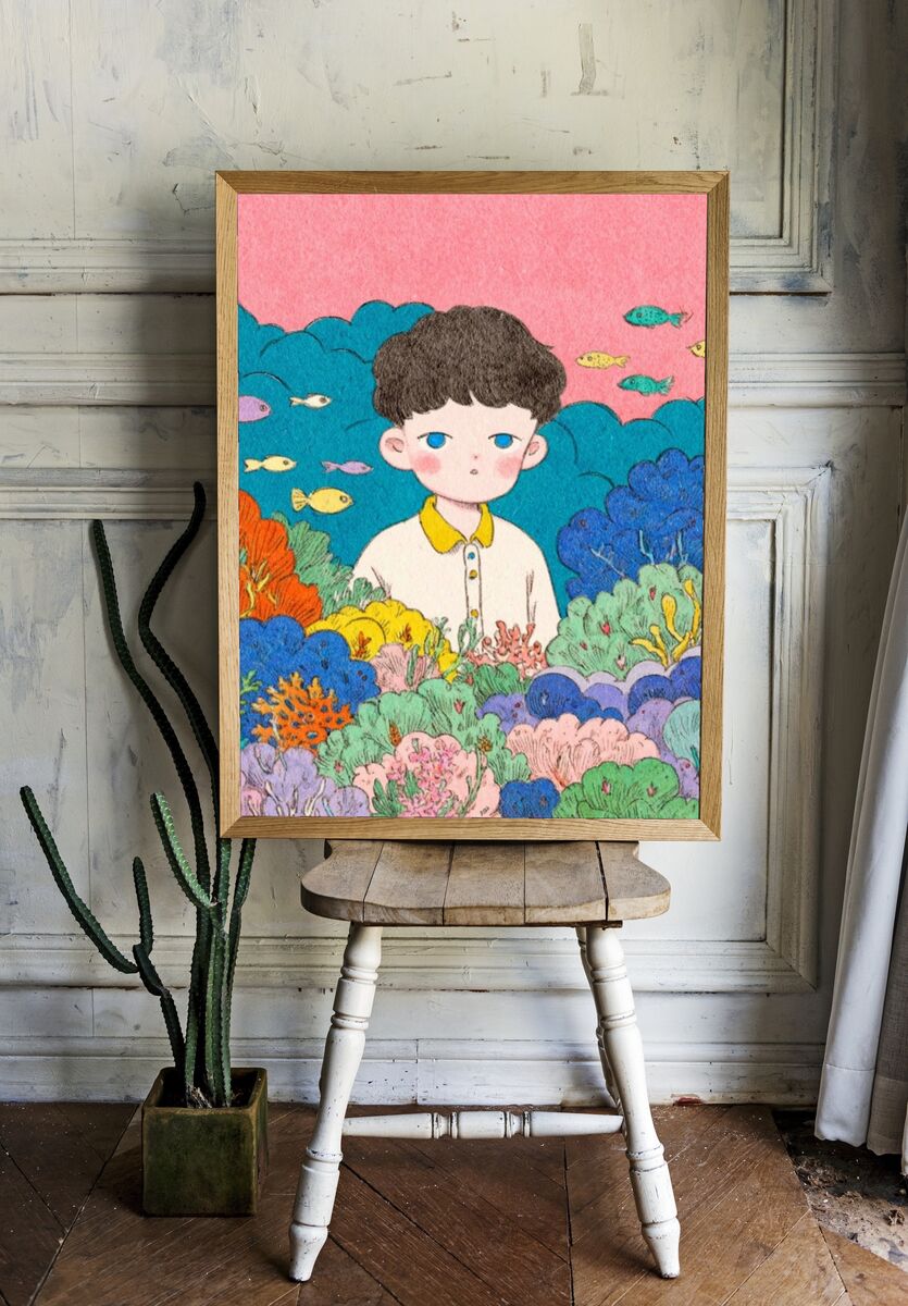 Boy Among Coral — Illustration Print room preview