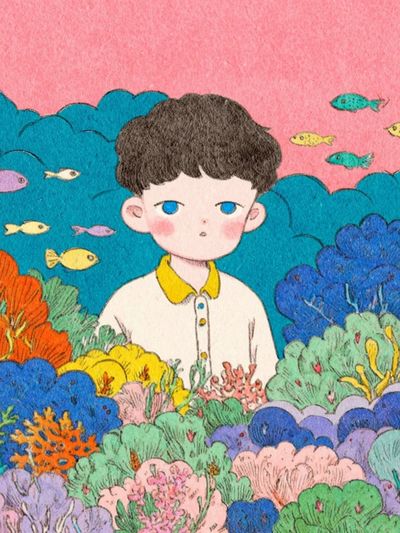 Boy Among Coral — Illustration Print. poster