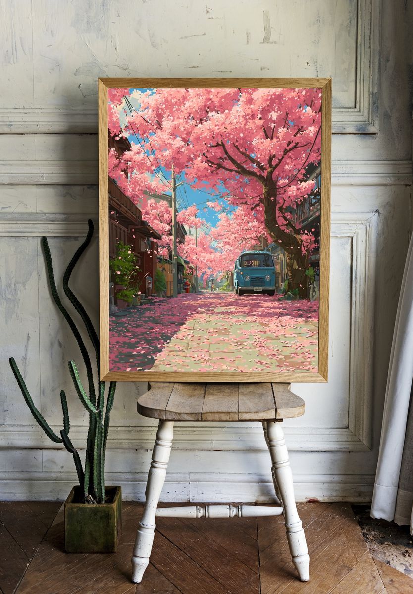 Cherry Blossom Street — Illustration Print. room preview