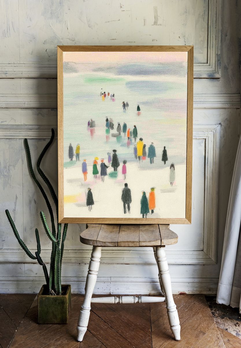 Colorful Crowd by the Shore — Illustration Print. room preview
