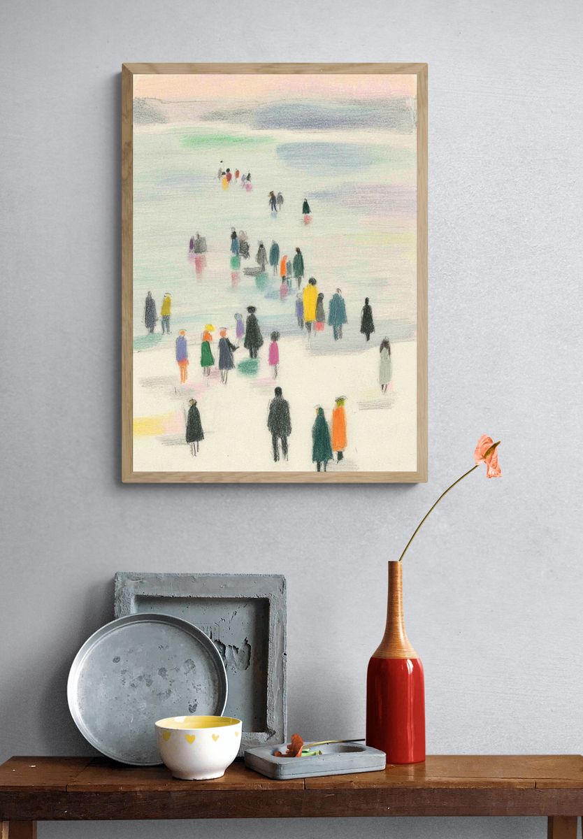 Colorful Crowd by the Shore — Illustration Print. — room view 3