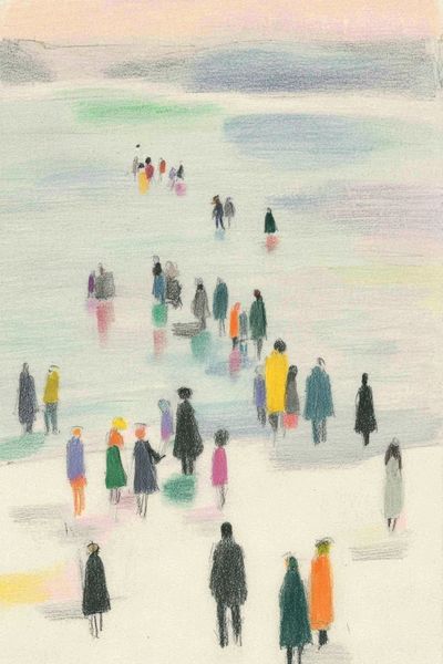 Colorful Crowd by the Shore — Illustration Print. poster print