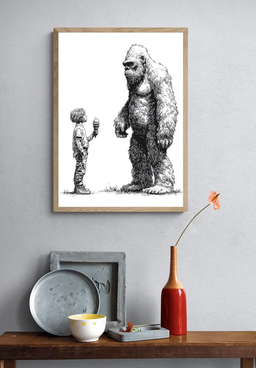 Child and Bigfoot — Illustration Print. — room view 3