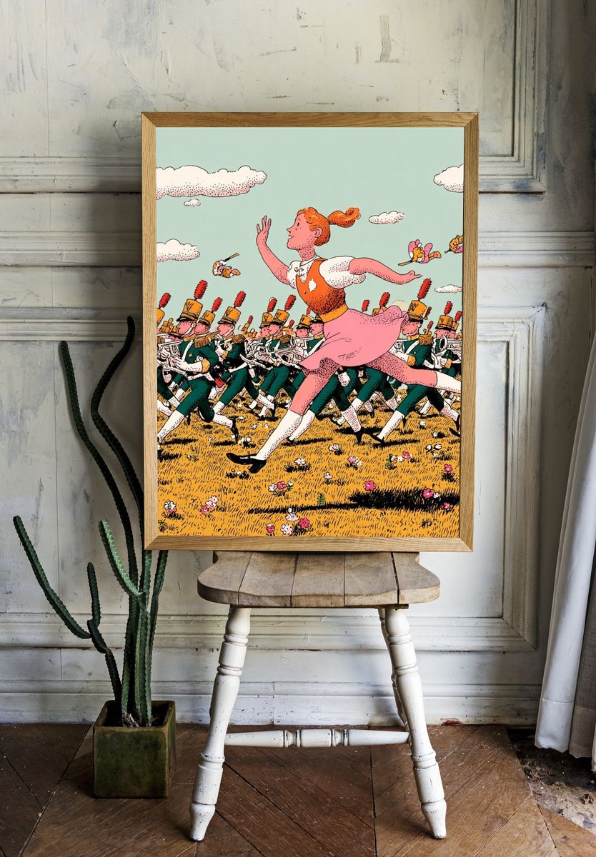 Girl Running with Marching Band — Illustration Print. room preview