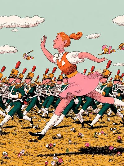 Girl Running with Marching Band — Illustration Print. poster print