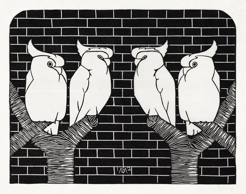 Cockatoos on a Branch — Minimalist Print. poster — illustration art