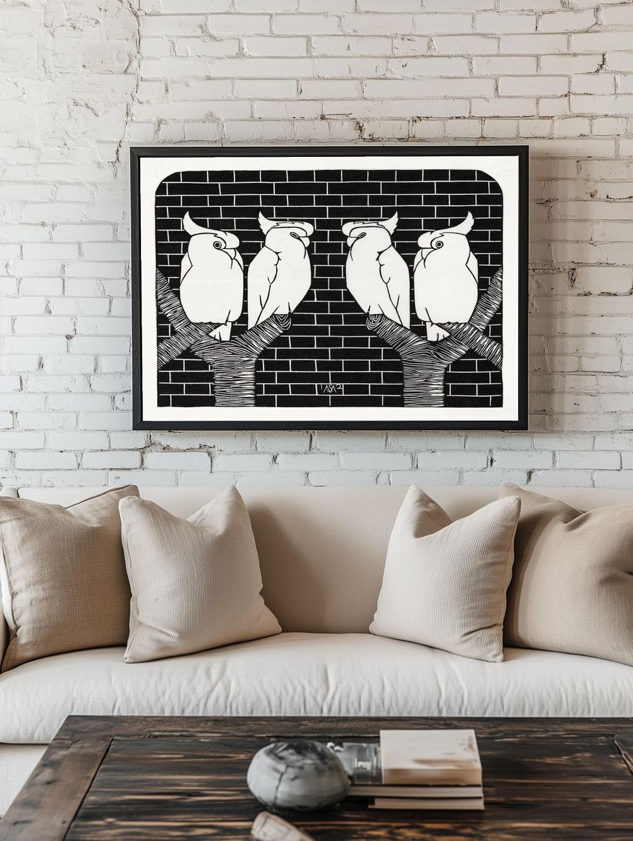 Cockatoos on a Branch — Minimalist Print room preview