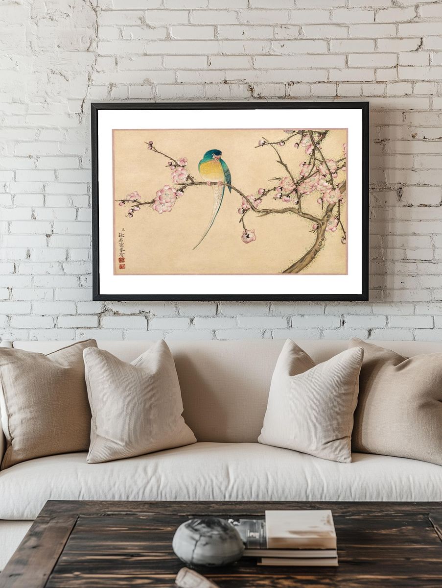Colorful Bird on Cherry Blossom Branch — Illustration Print. room preview