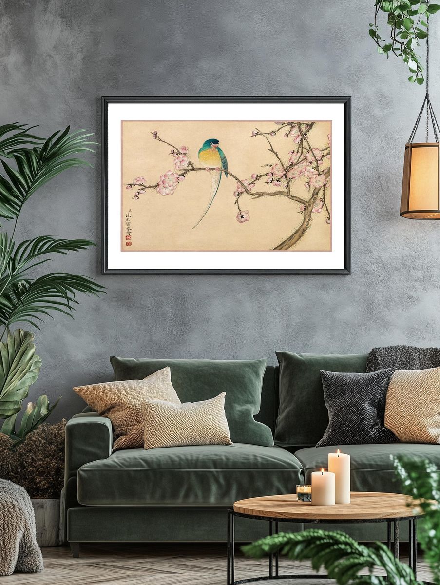 Colorful Bird on Cherry Blossom Branch — Illustration Print. — room view 4