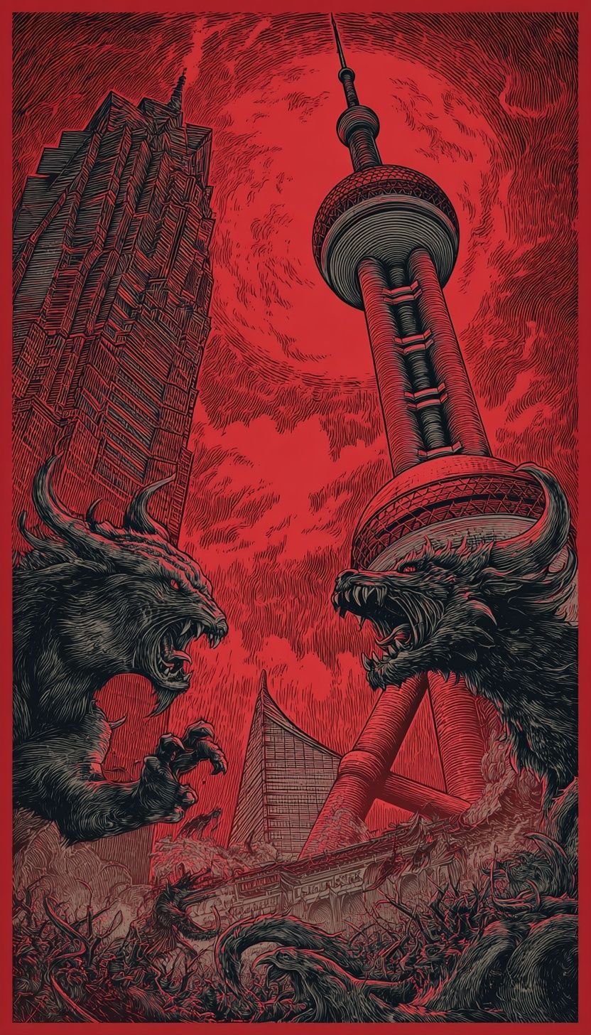 Monstrous Battle in Shanghai — Illustration Print. poster — illustration art