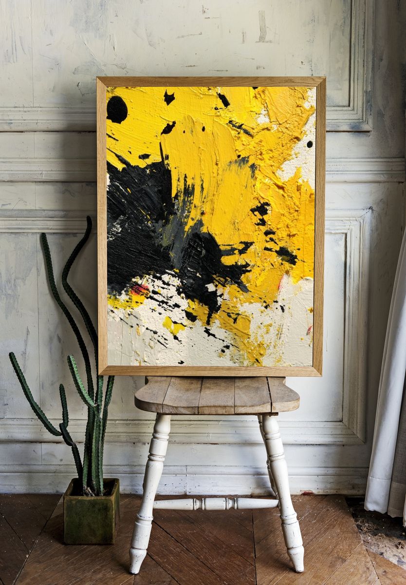 Abstract Yellow and Black Art Poster room preview