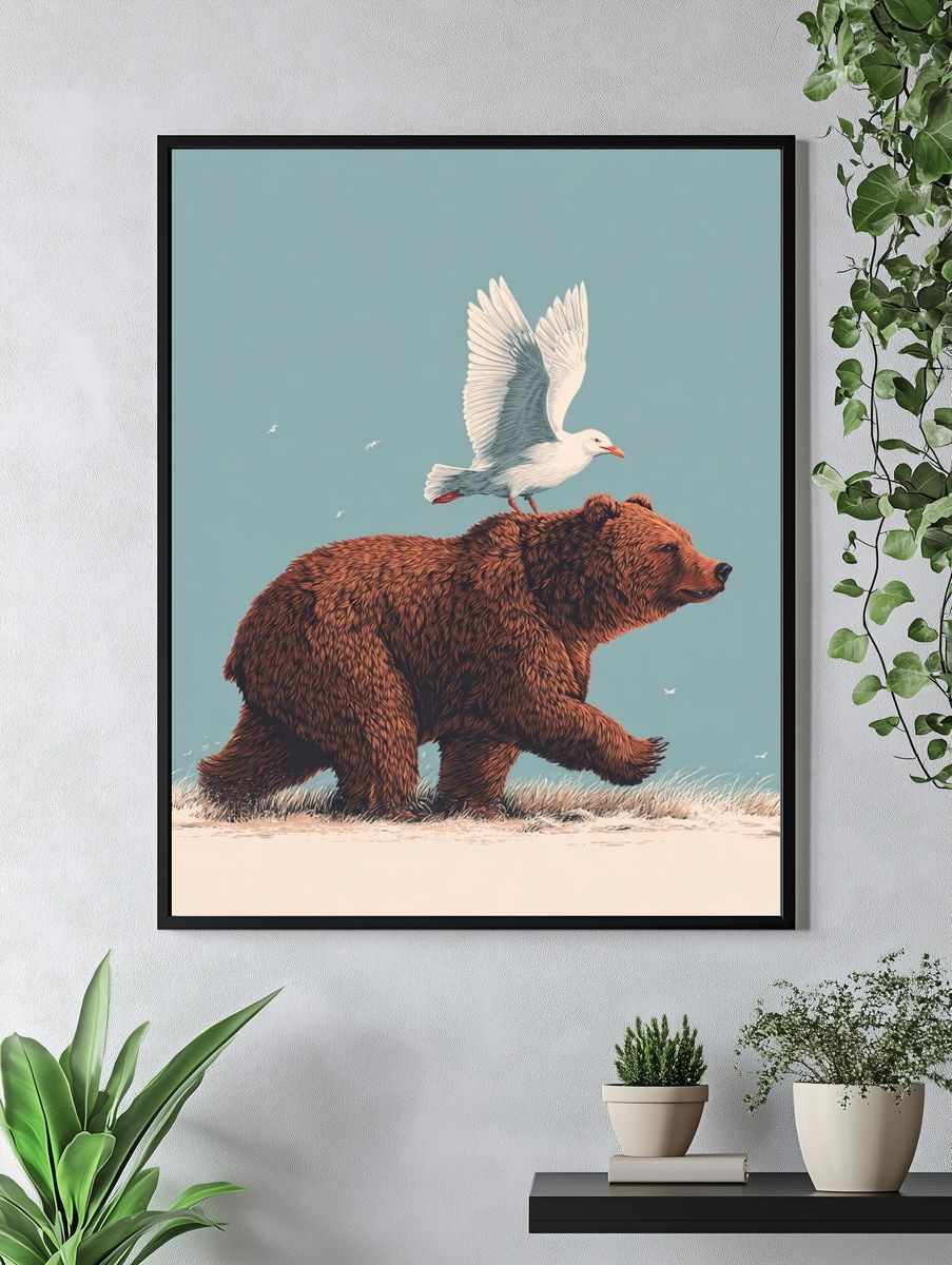 Bear and Bird — Illustration Print. — room view 4