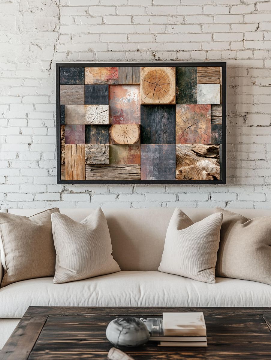 Rustic Wood Texture Collage Print. — room view 1
