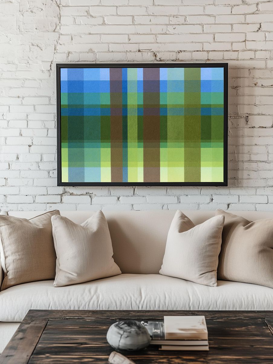 Geometric Blue Green Grid Poster. — room view 1