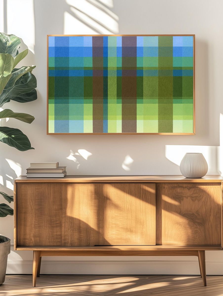 Geometric Blue Green Grid Poster. — room view 3