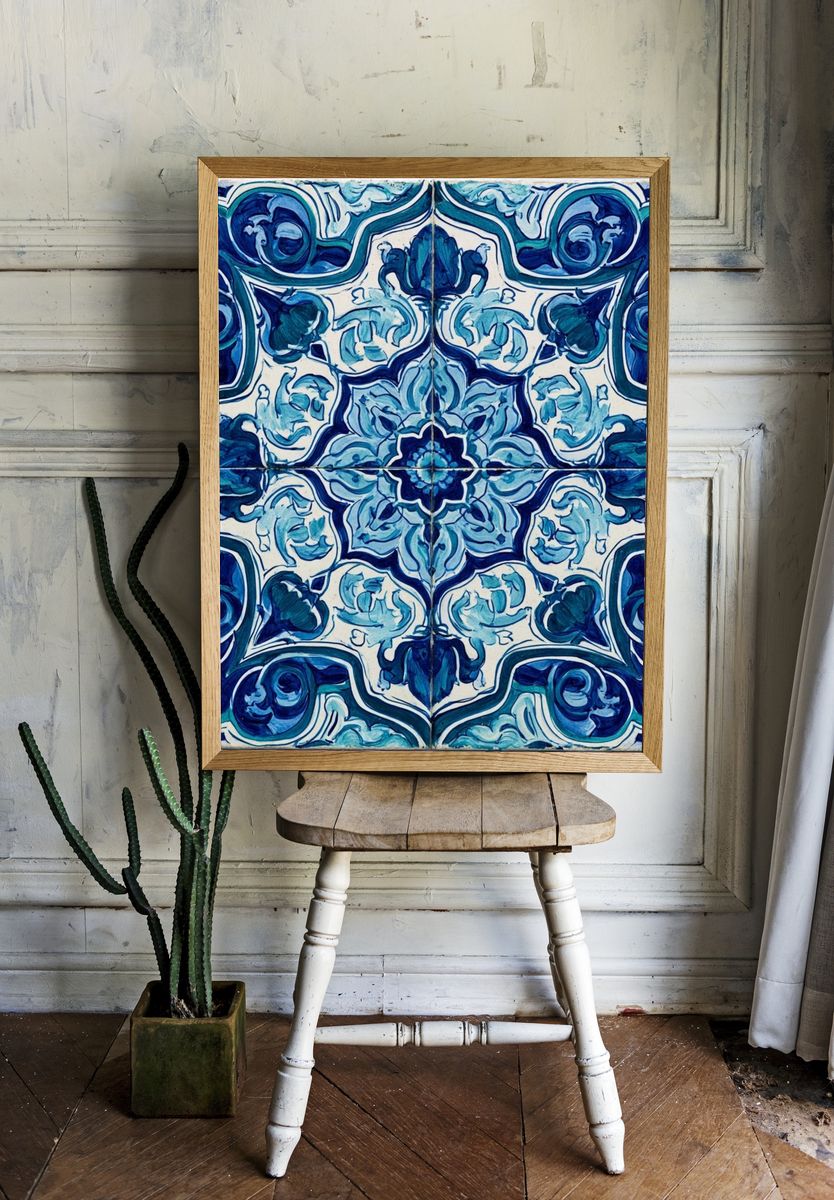 Blue Tile Pattern Print. room preview