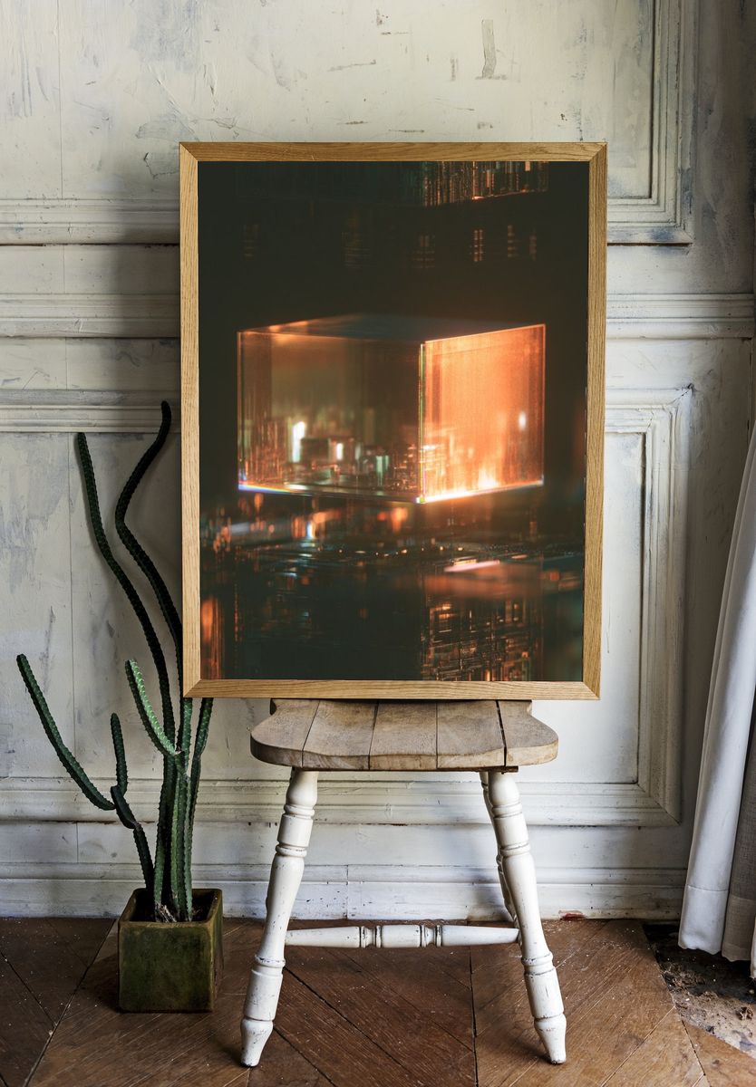 Glowing Glass Cube Abstract Print. — room view 1