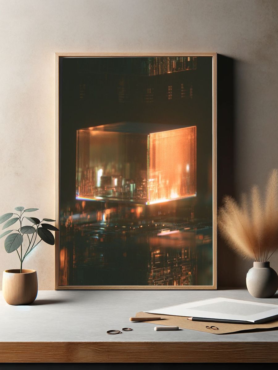 Glowing Glass Cube Abstract Print. — room view 2