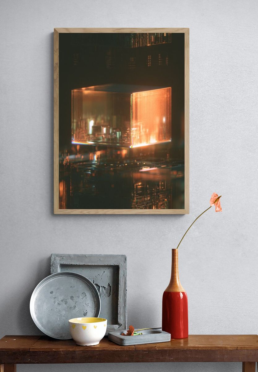 Glowing Glass Cube Abstract Print. — room view 3