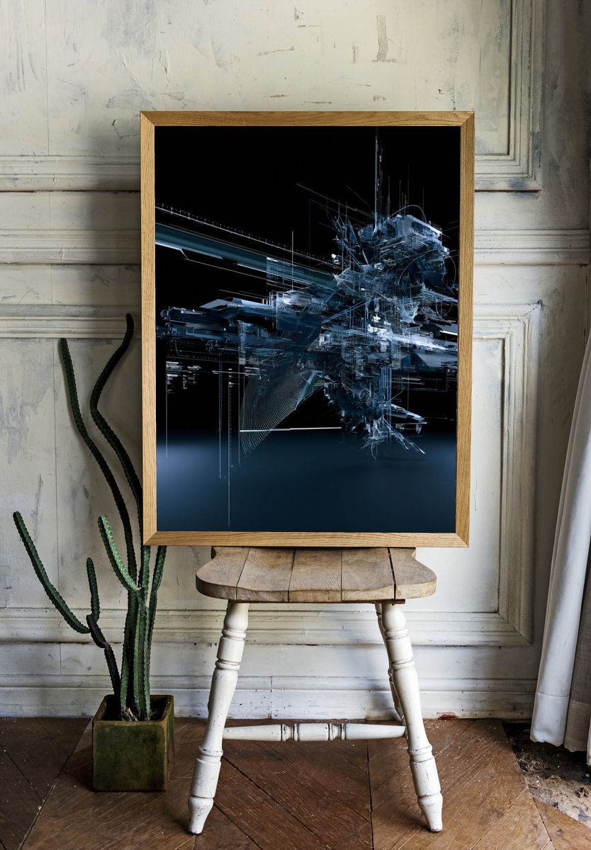 Futuristic Blue Glitch Abstract Poster. room preview