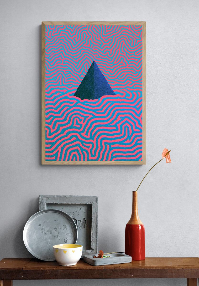 Neon Maze Pyramid Abstract Poster. — room view 3