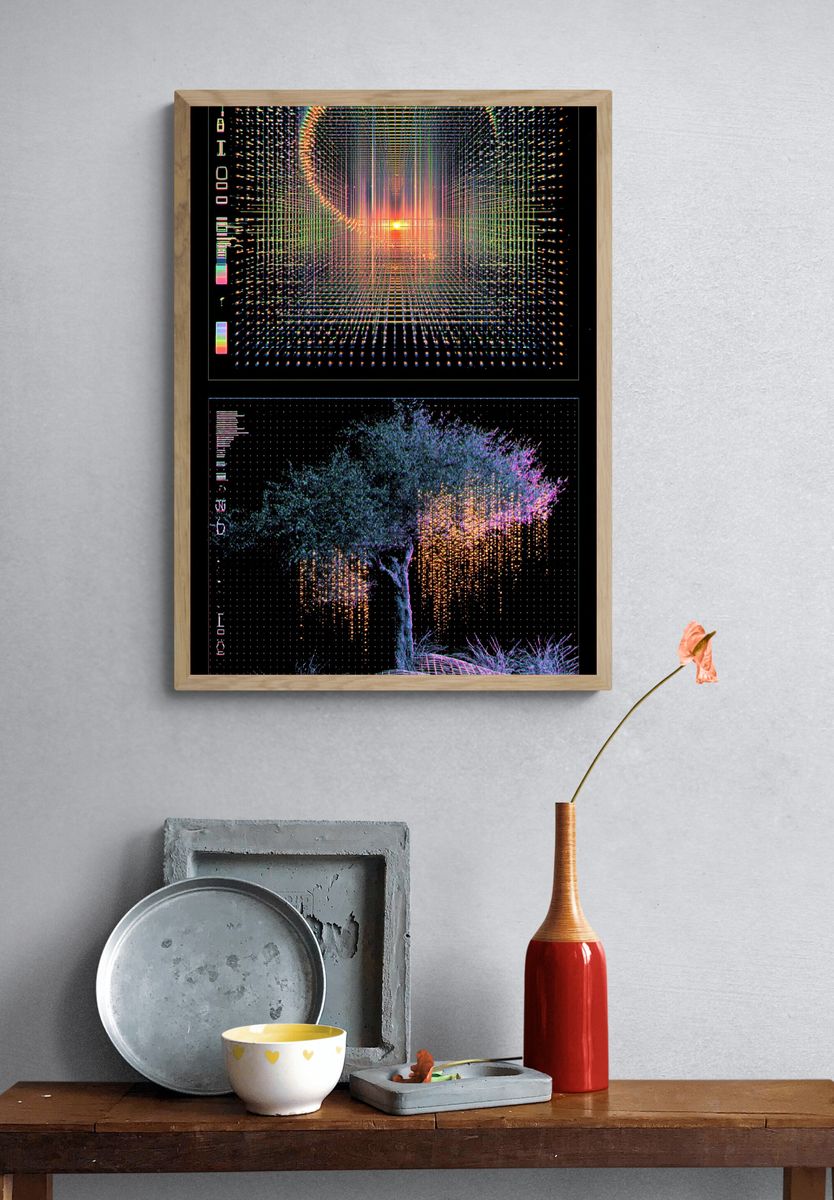 Glowing Grid Tunnel Poster. — room view 3