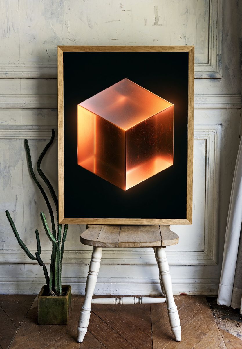 Glowing Amber Cube Abstract Poster. room preview
