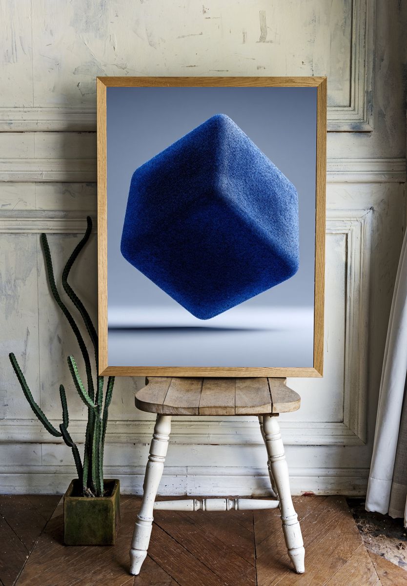 Floating Blue Cube Abstract Poster. room preview
