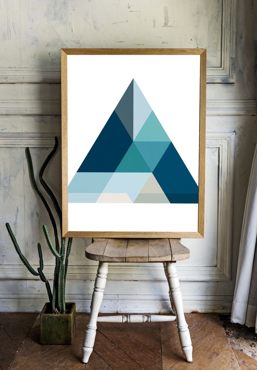 Geometric Blue Triangle Poster. room preview
