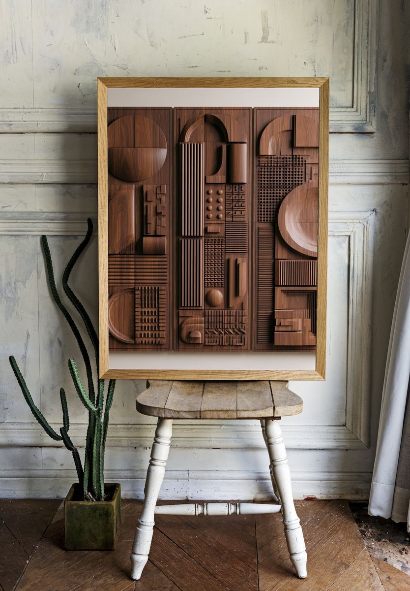 Wooden Geometric Relief Abstract Poster. room preview