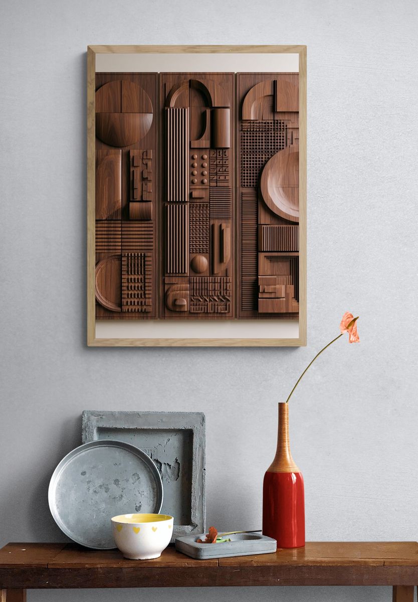 Wooden Geometric Relief Abstract Poster. — room view 3