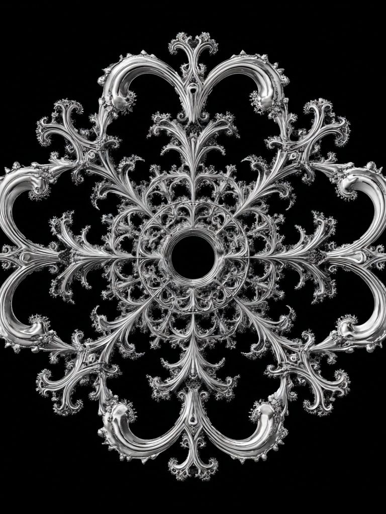 Ornate Silver Fractal Mandala Print. poster — abstract art