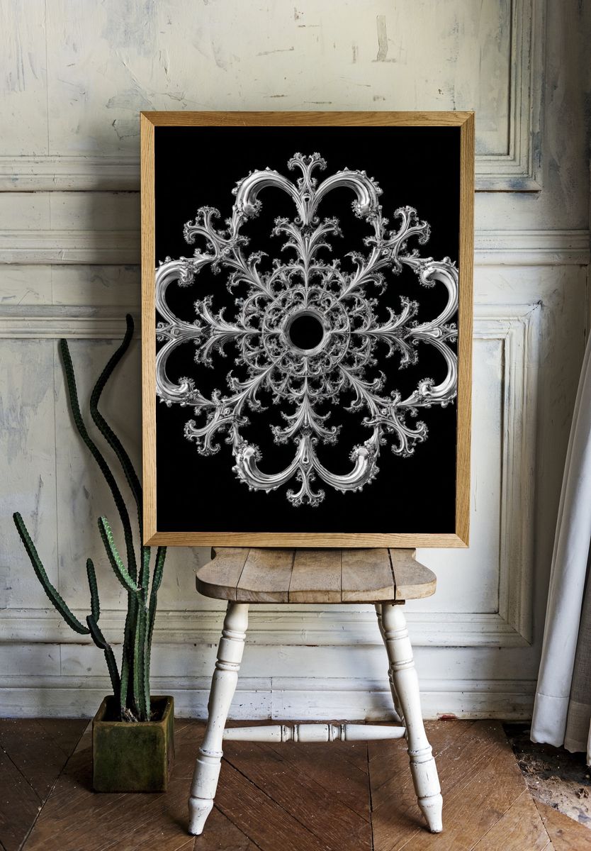 Ornate Silver Fractal Mandala Print. — room view 1