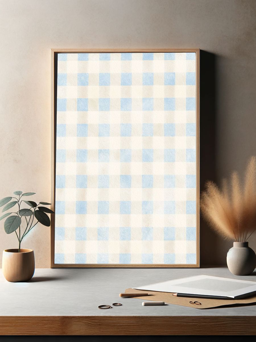 Blue Gingham Pattern Print. — room view 2
