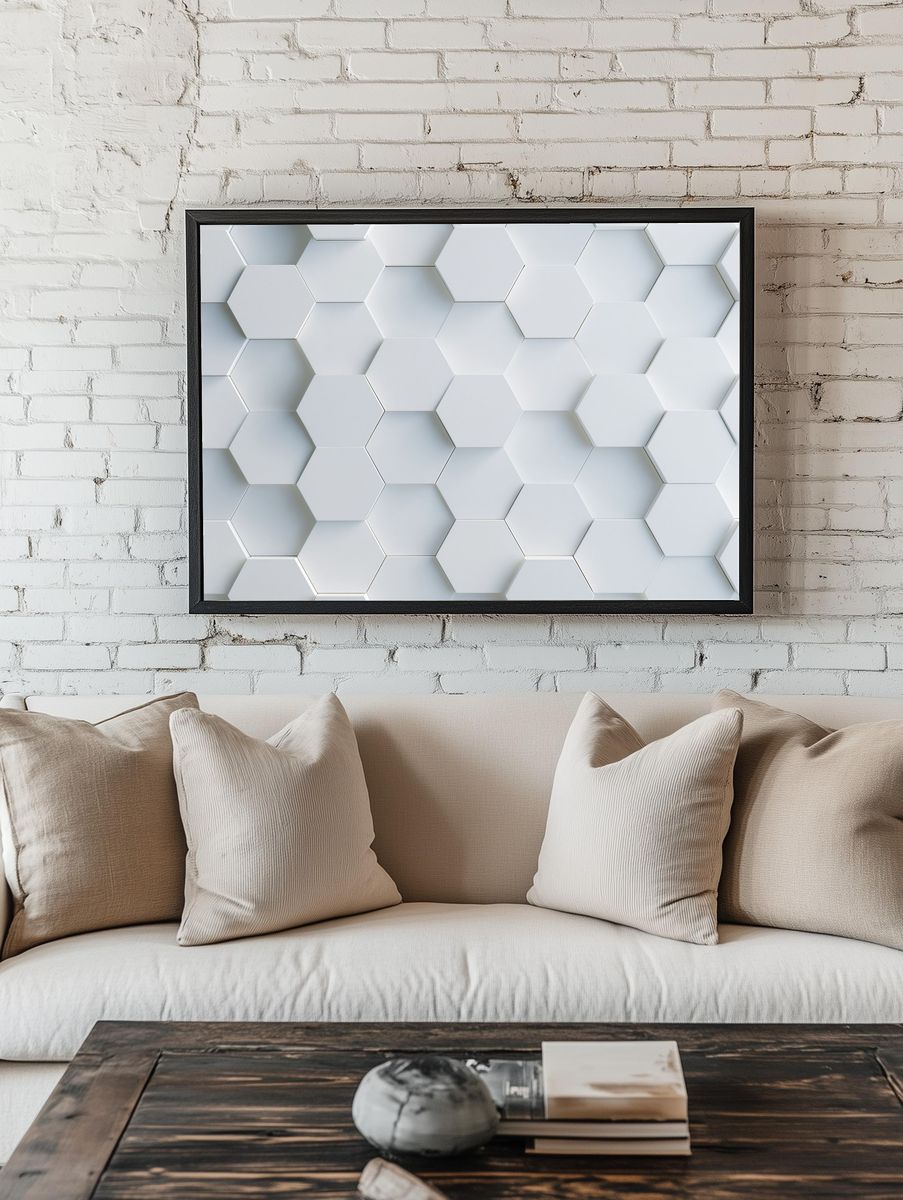 White Hexagon Relief Abstract Poster. — room view 1