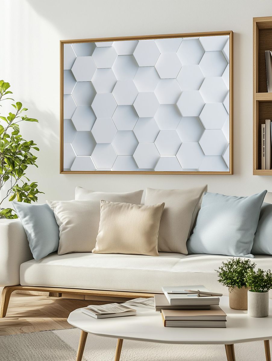 White Hexagon Relief Abstract Poster. — room view 2