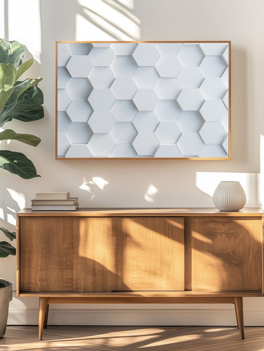 White Hexagon Relief Abstract Poster. — room view 3