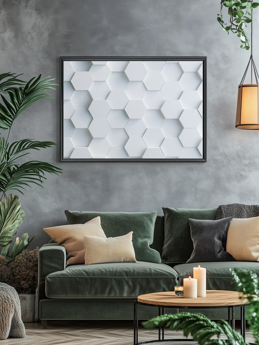 White Hexagon Relief Abstract Poster. — room view 4