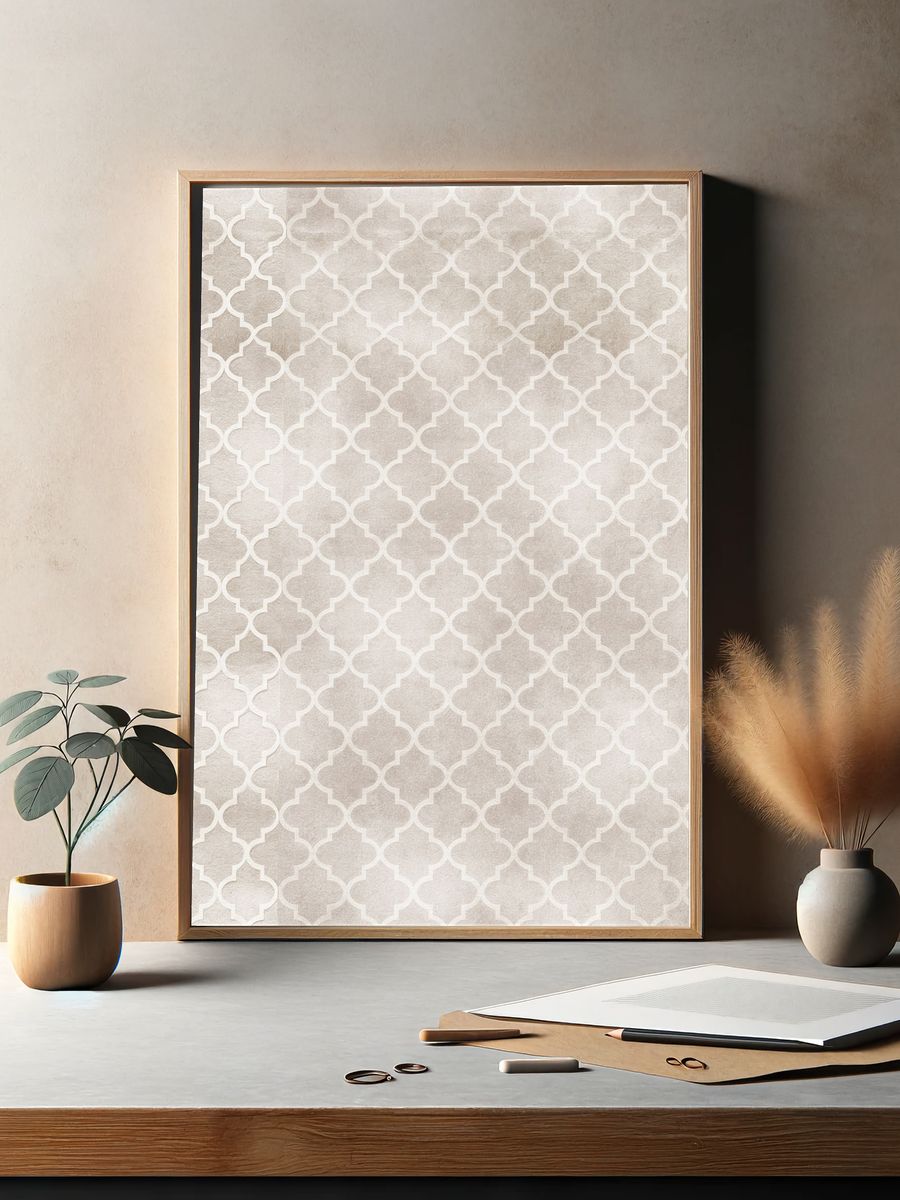 Beige Moroccan Trellis Pattern Print. — room view 2