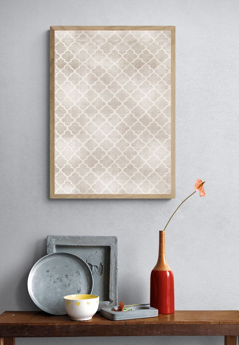 Beige Moroccan Trellis Pattern Print. — room view 3