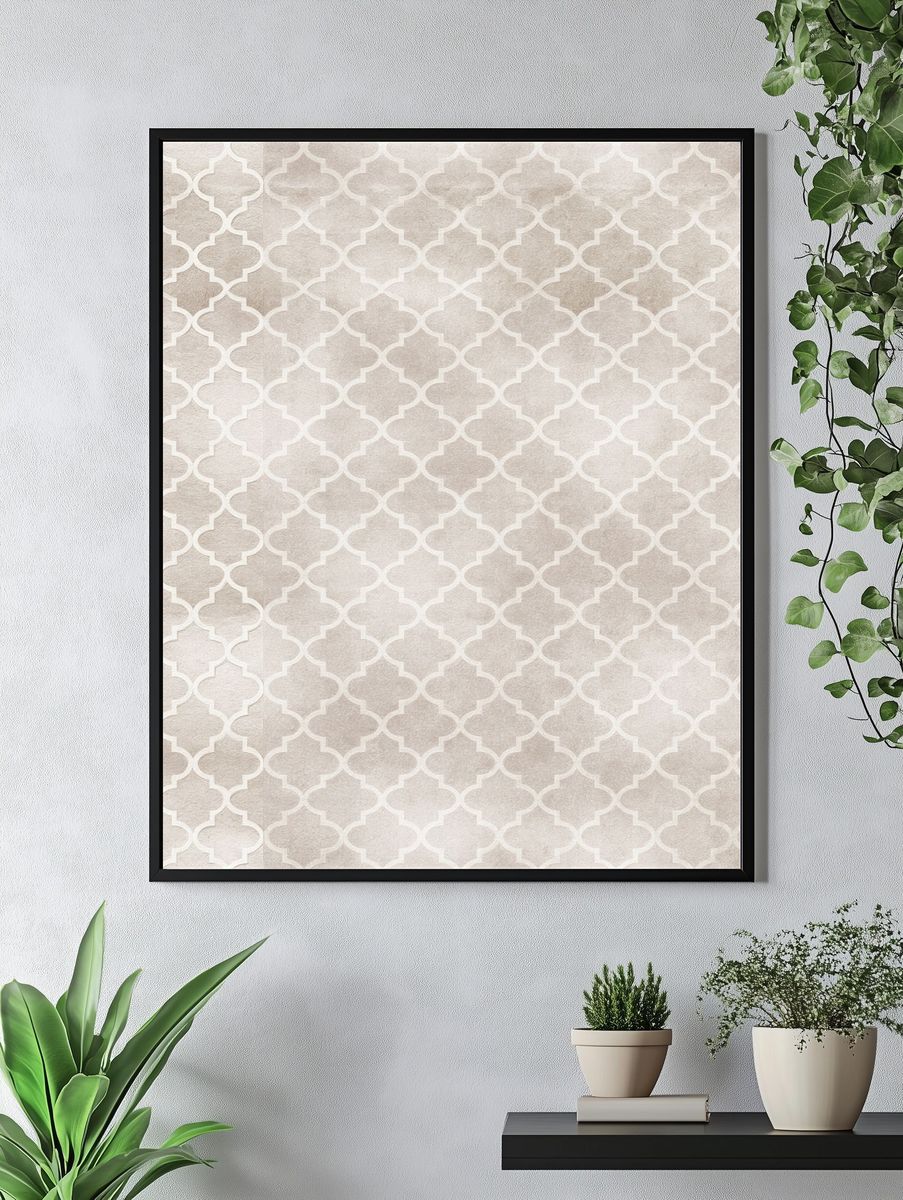 Beige Moroccan Trellis Pattern Print. — room view 4